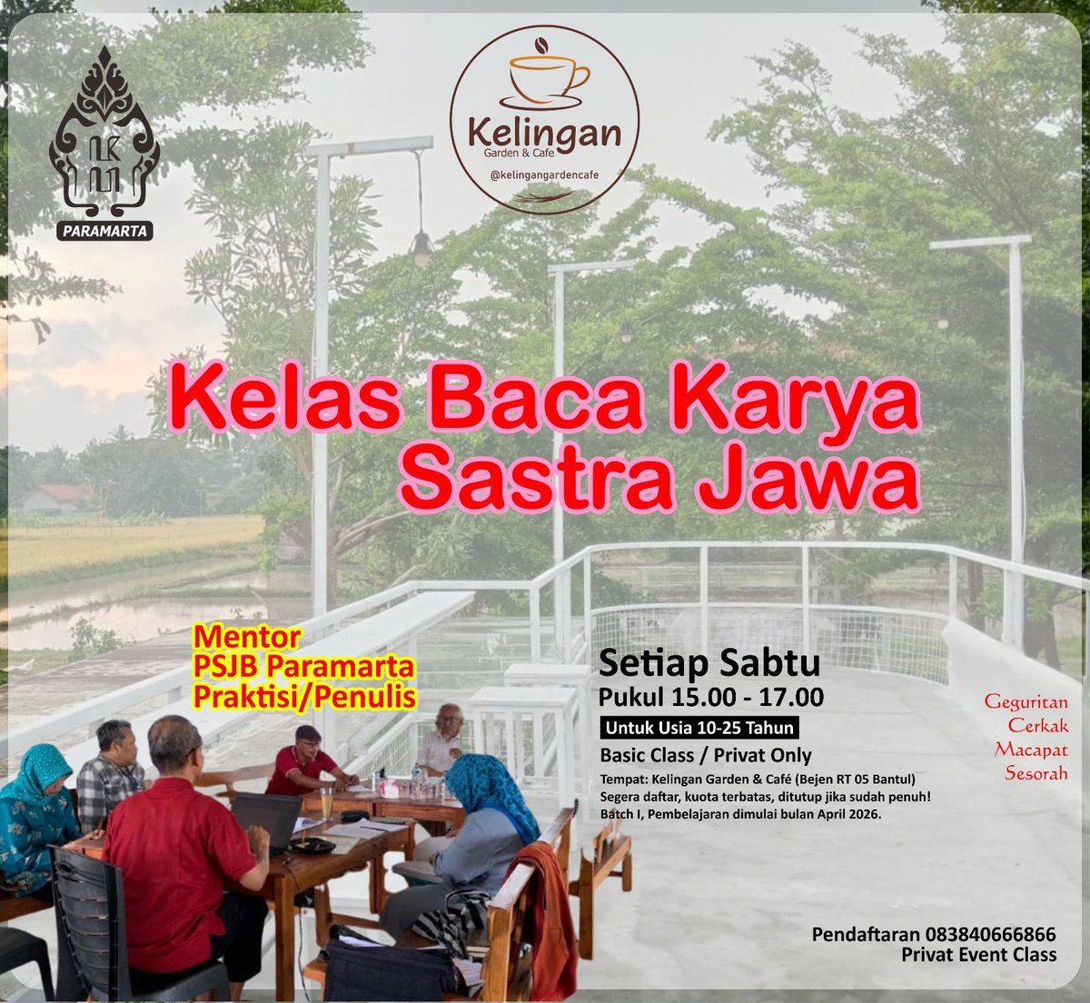 @kelingangardencafe berkolaborasi dengan beberapa lembaga dan organisasi menyelenggarakan beberapa kelas seni. Tertarik tuk ikut serta? Untuk informasi lebih lanjut bisa menghubungi nomor WA 083840666866.
#novel #acting #film #english #foto