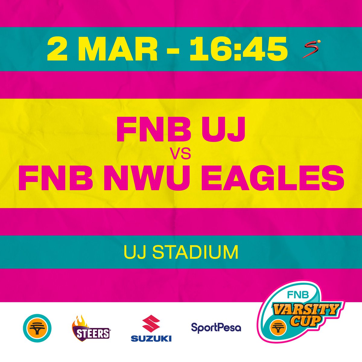 𝐅𝐍𝐁 𝐕𝐚𝐫𝐬𝐢𝐭𝐲 𝐂𝐮𝐩 𝟐𝟎𝟐𝟔 

🆚 FNB NWU Eagles
🏟️ UJ Stadium
🗓️ Monday, 02 March 2026
🕰️ 16:45
🎟:webtickets.co.za/v2/Client.aspx… 

#universityofjohannesburg #ujalltheway #orangearmy #rugbythatrocks