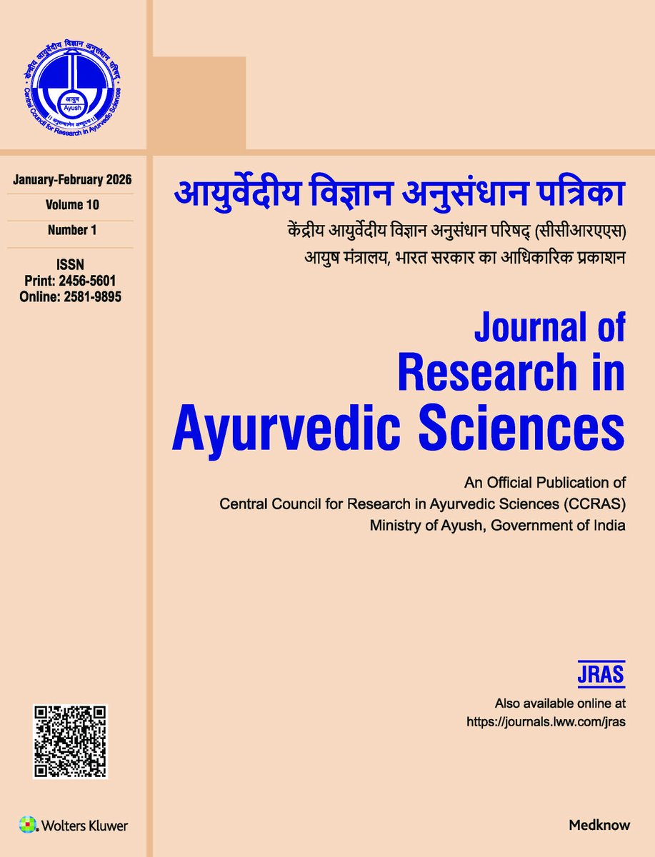 CCRAS_MoAyush's tweet photo. 𝗡𝗘𝗪 𝗥𝗘𝗟𝗘𝗔𝗦𝗘! 
The Jan–Feb 2026 edition (Vol. 10, No. 1) of the Journal of Research in Ayurvedic Sciences (#JRAS) — the peer-reviewed, double-blind bimonthly journal of #CCRAS — is now live!

The issue features 7 articles, including an editorial, 
(1/2) https://t.co/XuDYLIuuaV