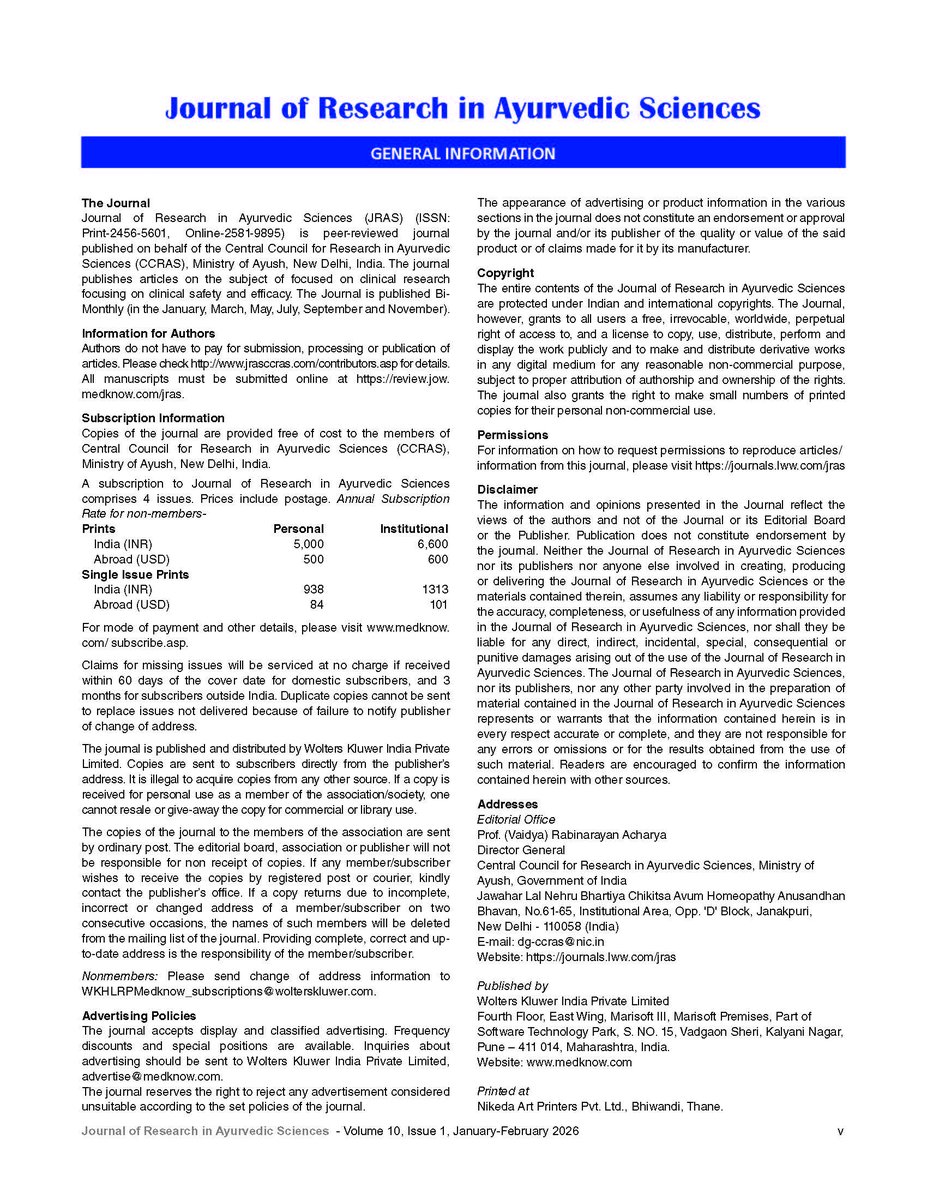 CCRAS_MoAyush's tweet photo. 𝗡𝗘𝗪 𝗥𝗘𝗟𝗘𝗔𝗦𝗘! 
The Jan–Feb 2026 edition (Vol. 10, No. 1) of the Journal of Research in Ayurvedic Sciences (#JRAS) — the peer-reviewed, double-blind bimonthly journal of #CCRAS — is now live!

The issue features 7 articles, including an editorial, 
(1/2) https://t.co/XuDYLIuuaV