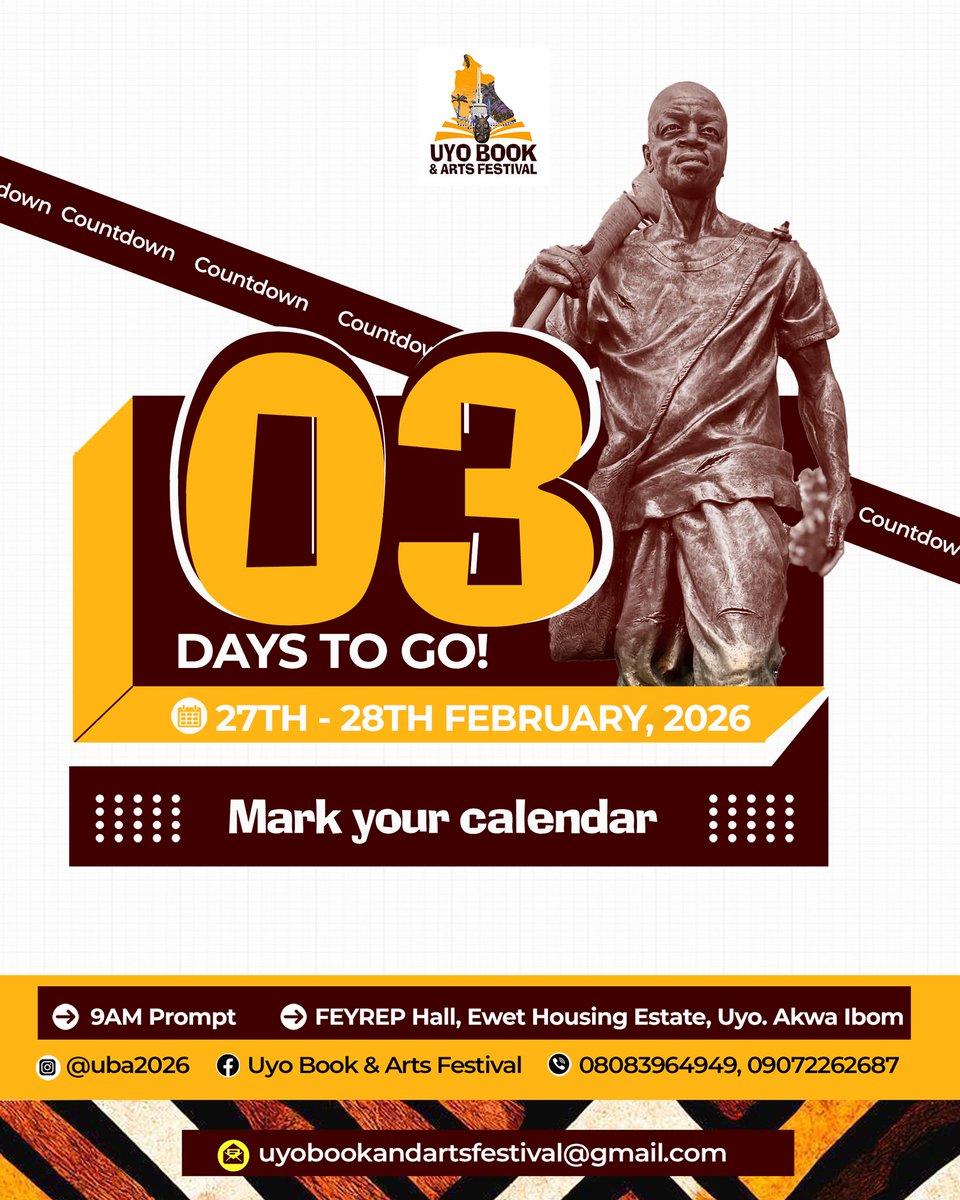 UBAF_'s tweet photo. We've been planning and now, the Uyo Book and Arts Festival is happening in 3 days.

Have you cleared your notifications &amp; told your friends about what's happening from February 27th-28th?

Haven't Registered? Here's your chance to.😅

https://t.co/NI4fcLDJFb

#UBAF
#Art
#Books https://t.co/hWyux42yFr