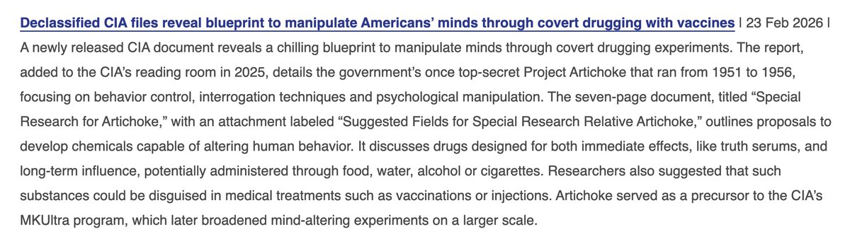 legitgov's tweet photo. Declassified CIA files reveal blueprint to manipulate Americans' minds through covert drugging with vaccines 🔗⬇️  #CIA #ProjectArtichoke