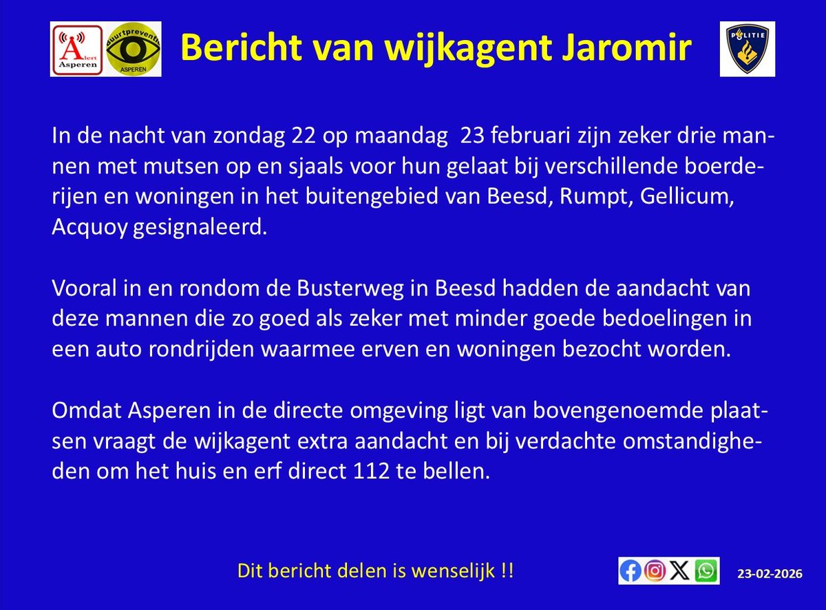 AsperenAlert's tweet photo. Let op: wijkagent Jaromi Wieles waarschuwt !!! https://t.co/vXkn6j4UZk