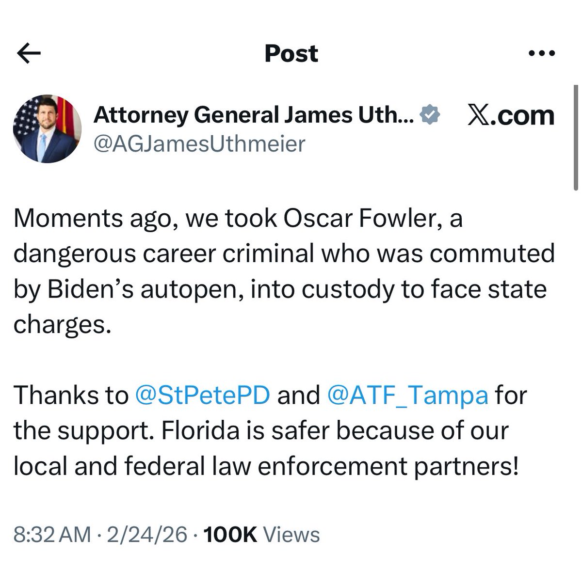 Florida just arrested Oscar Fowler who was granted clemency by Biden’s autopen

Fowler is a career criminal with a long criminal history and Biden let him go free

Thanks to Florida authorities, he’s now off the streets again