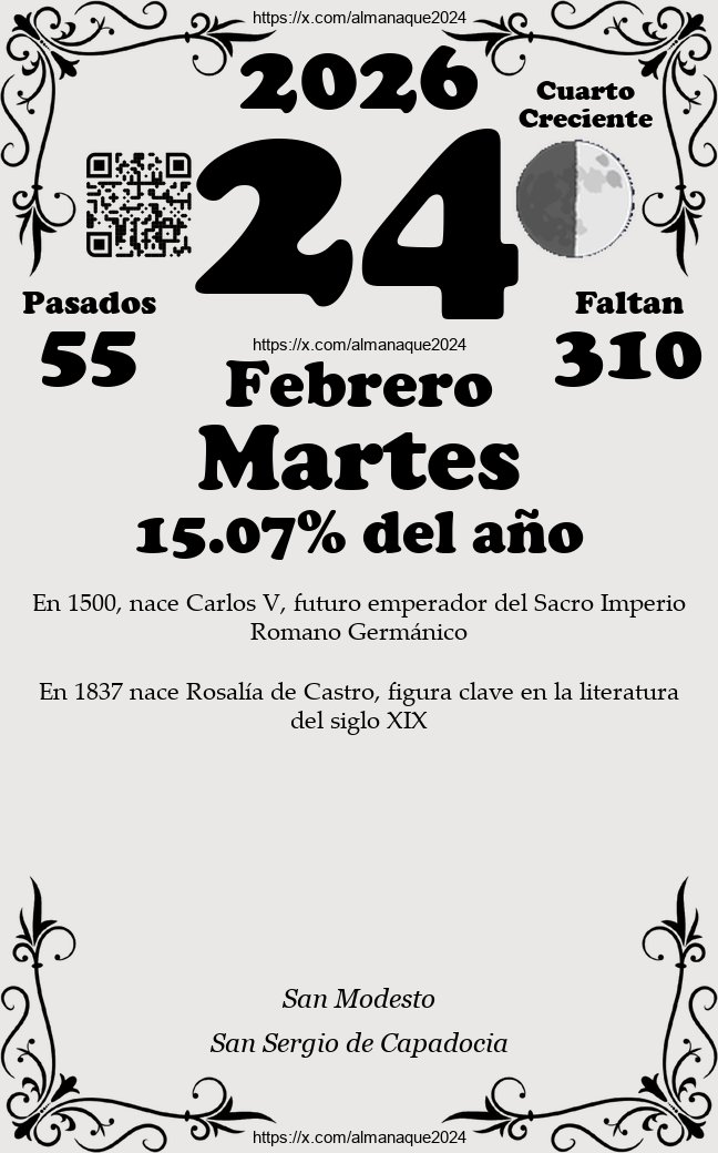 #MuyFelizMartes #BuenosDias #FelizMartes
¡A por el Martes!
Almanaque del Martes 24 de Febrero, 2026
¿Esta fecha os trae algún recuerdo? ¡Compártelo!
#Efemérides #24deFebrero