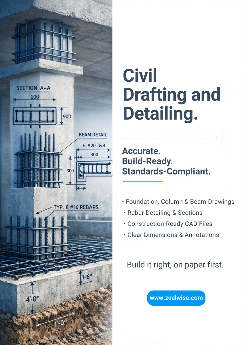 ZealwiseZT's tweet photo. Precision starts on paper.
We deliver accurate, build-ready, standards-compliant Civil Drafting & Detailing—from foundations to beams and rebar.
Build it right, on paper first.
🌐 https://t.co/TD330EXlWp
#CivilDrafting #CADDrafting #RebarDetailing #StructuralDrafting https://t.co/oiDZWdTEmo