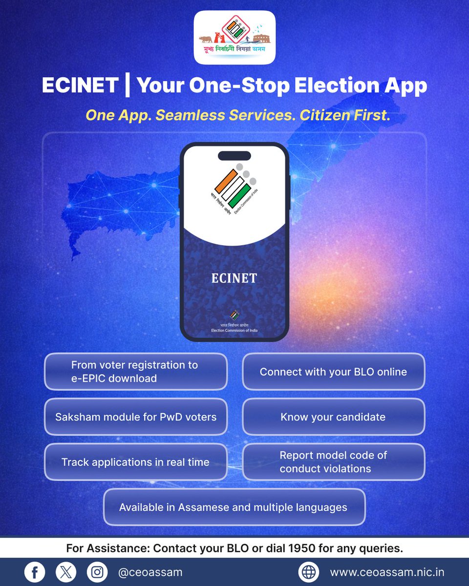 ceoassam62029's tweet photo. From voter registration and e-EPIC download to candidate information, grievance redressal, and real-time application tracking, ECINET delivers seamless, transparent, and citizen-centric services- ensuring accessible and efficient electoral processes for all.

ECINET- Everything Election, Seamlessly Integrated.

@ECISVEEP @IIIDEM_Official