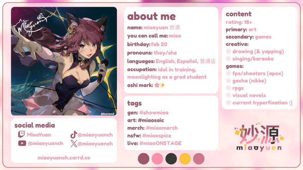 MiaoYuenCh's tweet photo. We have a lot of new nakamiao + I haven't made a new pinned post since 2024 (oops)...

大家好! Hiya everyone 💜 I'm Miao, just a tiny magical cat turned idol-in-training 🌸✨

✿ General: #showmiao
✿ Art: #miaosaic
✿ Live: #miaoONSTAGE
✿ NSFW: #miaospice

⬇️ refs + socials ⬇️ https://t.co/Hzk5Xq7l1G