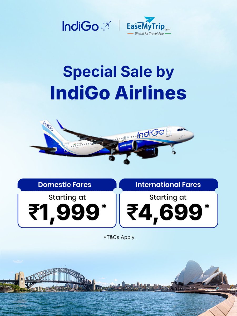 EaseMyTrip's tweet image. This is your sign to plan that trip.
@IndiGo6E fares starting INR 1,999* with extra savings on seats and baggage.

Book before 27 Feb on EaseMyTrip: easemytrip.com/offers/indigo.…

#IndiGo #EaseMyTrip #FlightDeals #TravelOffers
