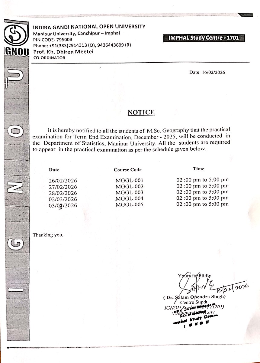 MSCGG Practical Examination for December TEE 2025 to be held from 26th February, 2026 to 3rd March, 2026 in the Dept. of Statistics, Manipur University: Ignou RC Imphal