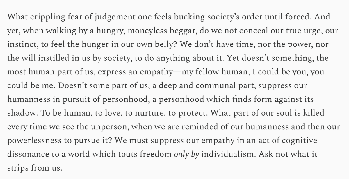 outofthemarsh's tweet photo. On pissing where it isn't acceptable, on losing our humanity: A collapse of norm to pure need creates only one way of being a being—a being of pure survival.

https://t.co/VK3GO58FC1 https://t.co/Z4r3eu8pbs