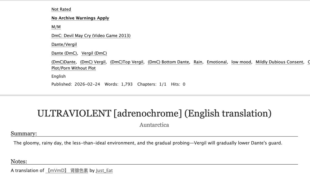 Auntarctica1's tweet photo. I just did my first fic translation, editing and optimizing @DANTE666G 's Mandarin DmC/reboot fic for an English readership. She's not only a gifted artist, but a dual-wielder of the pen! It's just a soupçon of NSFW; an amuse-bouche, if you will...#dmcreboot #mVmD #vergilxdante https://t.co/nL8t9rAENm