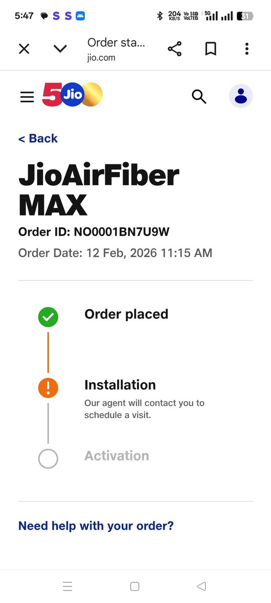 Aadilpathann's tweet photo. @JioCare 
@reliancejio 
I booked Jio AirFiber Order No.NO0001BN7U9W on 12-2-26 but it has not been installed yet why?  I no longer wish to wait, please cancel the service and initiate a refund for the installation payment.".
Don't install the Jio airfiber
Go to @airtelindia https://t.co/xNxgp73ros