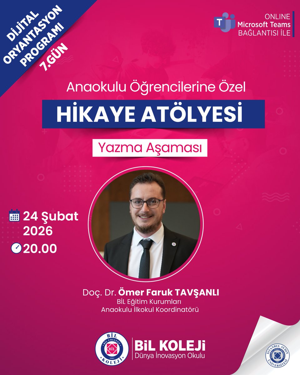 2026-2027 eğitim öğretim döneminde bizimle ilk kez tanışacak Anaokulu öğrencilerimiz için Anaokulu ilkokul Koordinatörü Doç.Dr. Ömer Faruk Tavşanlı ile birlikte 24 Şubat Salı günü “HİKAYE ATÖLYESİ”yapılacaktır.
