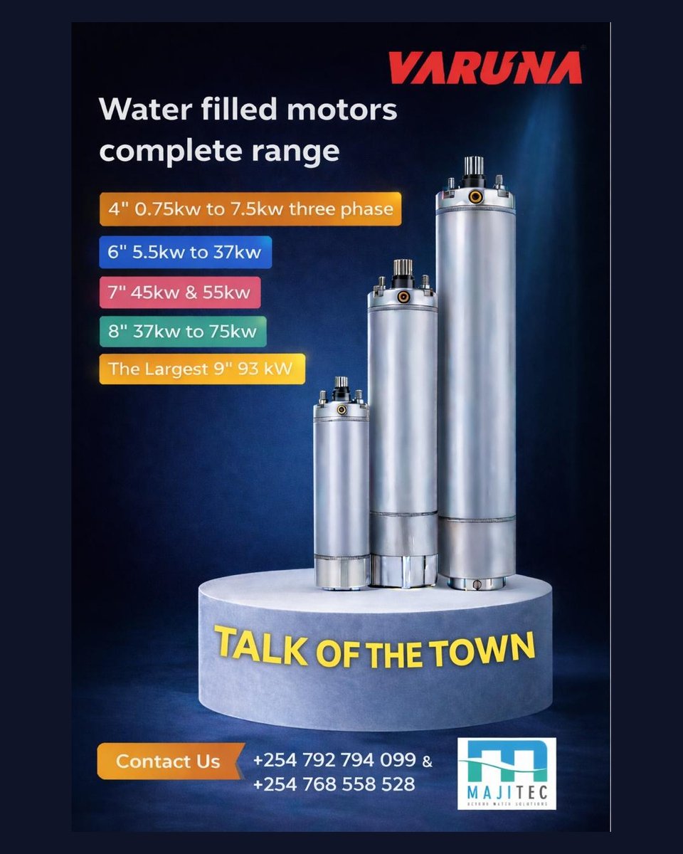 When power meets precision ⚡💧 

Explore our wide range of VARUNA water-filled motors — 4” to 9”, up to 93kW ⚙️💧and built for reliability and long-lasting performance. 

📞 Let’s power your next project. 

#WaterFilledMotors #Majitecltd #Pumpingsolutions #SubmersibleMotor
