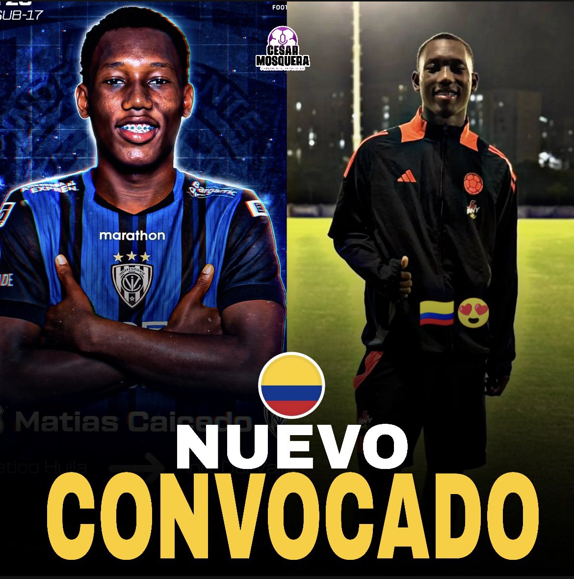 🚨🇨🇴 ATENCIÓN: MATÍAS CAICEDO, goleador absoluto de INDEPENDIENTE YUMBO, es NUEVO CONVOCADO de COLOMBIA. 

Tiene 16 AÑOS y es la apuesta del gol de la FCF de cara a los partidos amistosos vs Brasil y el Sudamericano U17. ⚽️

Además, es el MÁXIMO GOLEADOR de todas las categorías