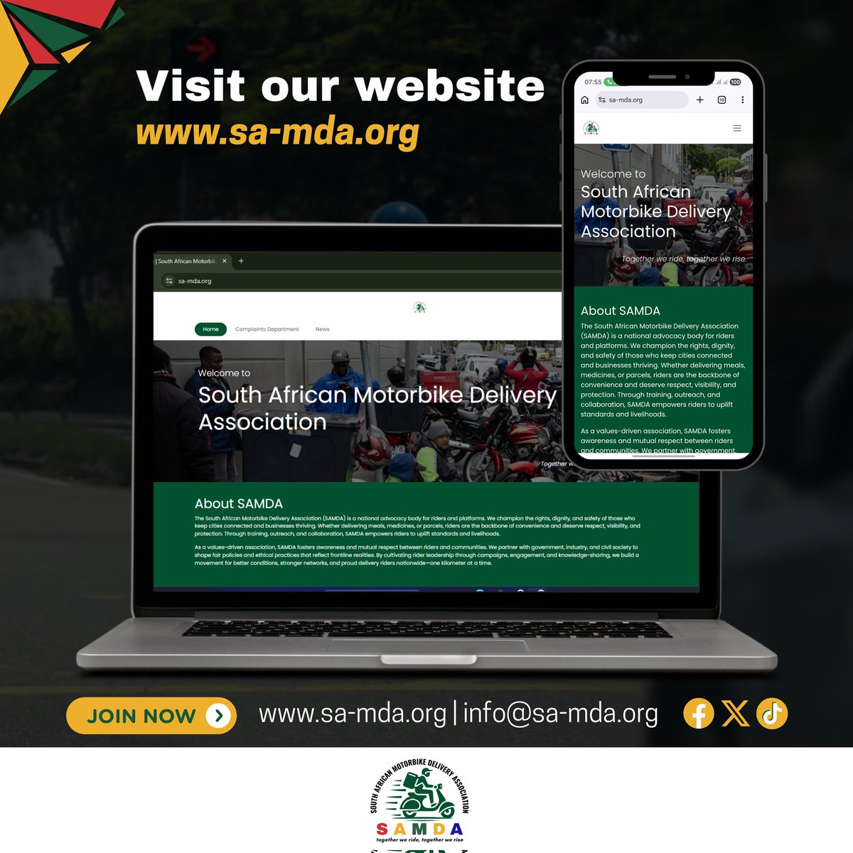 samda_za's tweet photo. We Have a Fresh Look 🖥
Our website has been refreshed to better serve riders, partners, and the public.
Explore who we are, what we stand for, and how to get involved.
👉 https://t.co/AKk5XuBAyB
Join the movement.
✊🏾 Together we ride. Together we rise.
#SAMDA #AFreshLook https://t.co/fI0wyOzZUM