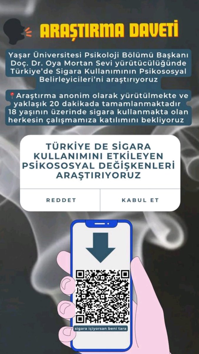 oyamortan's tweet photo. Merhabalar, 
Türkiye'de Sigara Kullanımının Psikososyal Belirleyicileri'ni araştırıyoruz. 
18 yaşın üzerinde sigara kullanmakta olan herkesin çalışmamıza katılımını bekliyoruz. 

https://t.co/GmZpt623ws https://t.co/nzjEpi60nE