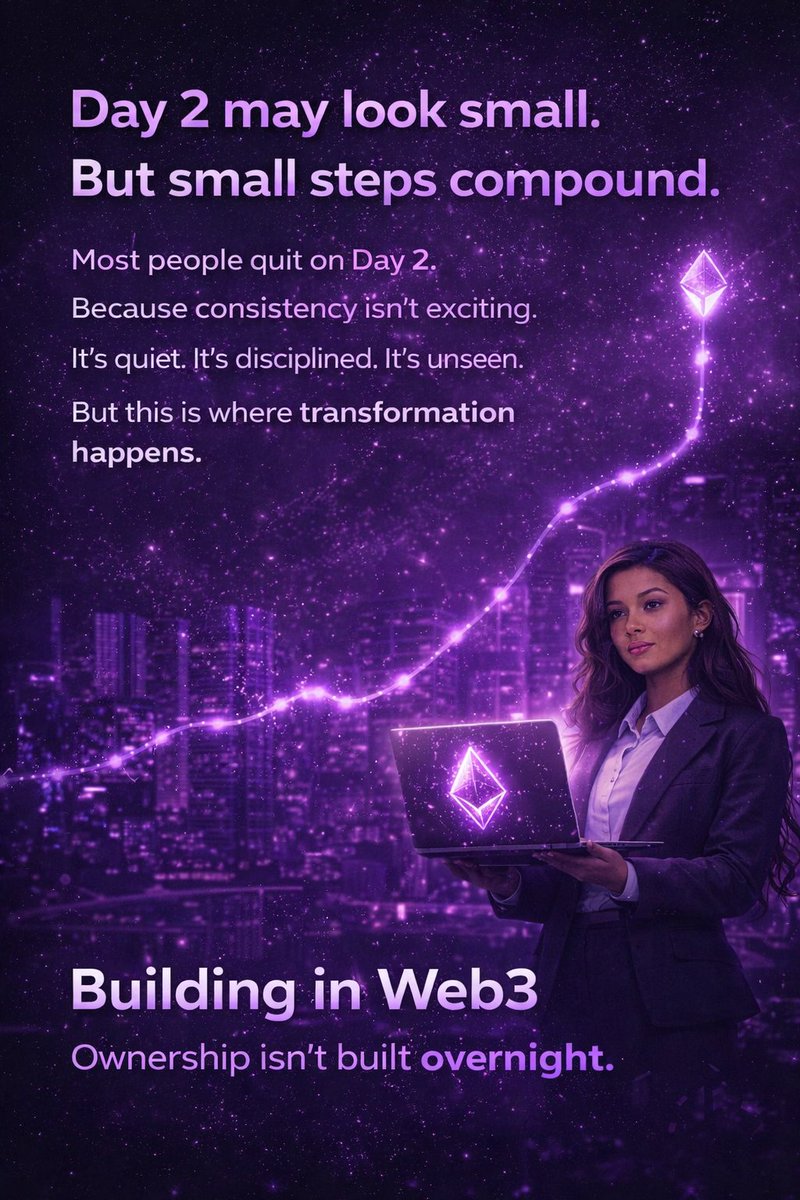 VioletaMim31382's tweet image. Day 2/60
Day 2 may look small.
But small steps compound.
Most people quit on Day 2.
Because consistency isn’t exciting.
It’s quiet. It’s disciplined. It’s unseen.
But this is where transformation happens.
GM  everyone 🤝💜
#BuildInPublic #Web3Journey #CryptoTwitter