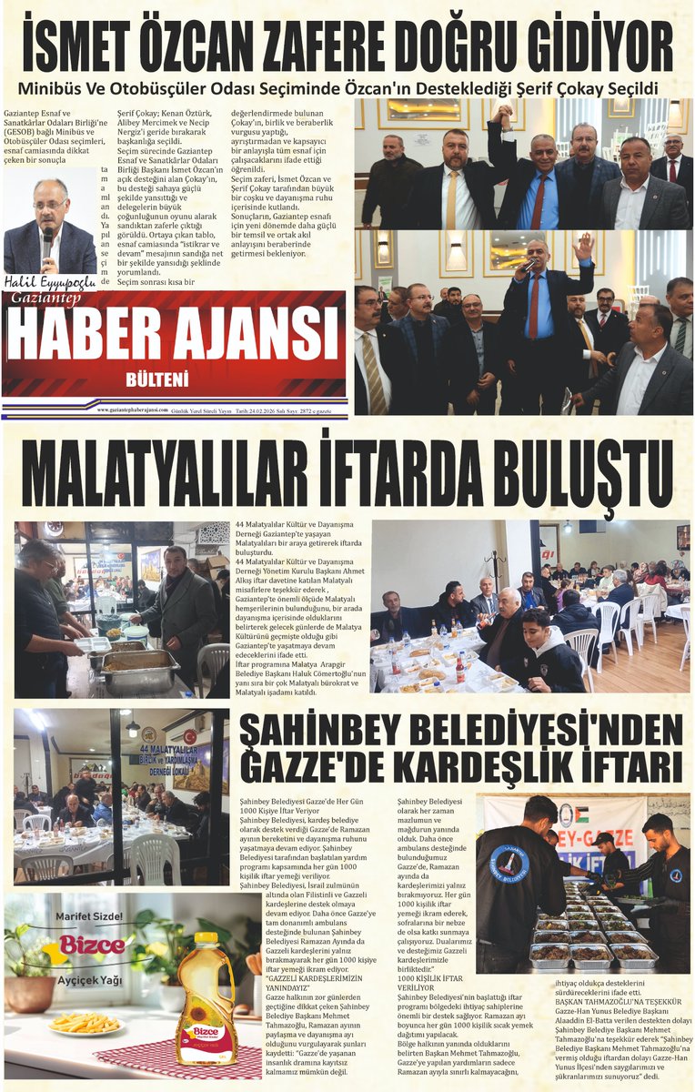 *İSMET ÖZCAN ZAFERE DOĞRU GİDİYOR
*MALATYALILAR İFTARDA BULUŞTU
*ŞAHİNBEY'DEN GAZZE'DE KARDEŞLİK İFTARI
*FATMA ŞAHİN VATANDAŞLARLA İFTARDA BULUŞTU
*ÇOCUK VAKALARINDA ARTIŞ
*ANADOLU SECCADELERİNİN HİKAYESİ
Gaziantep Haber Ajansı Bülteni e gazete
gaziantephaberajansi.com