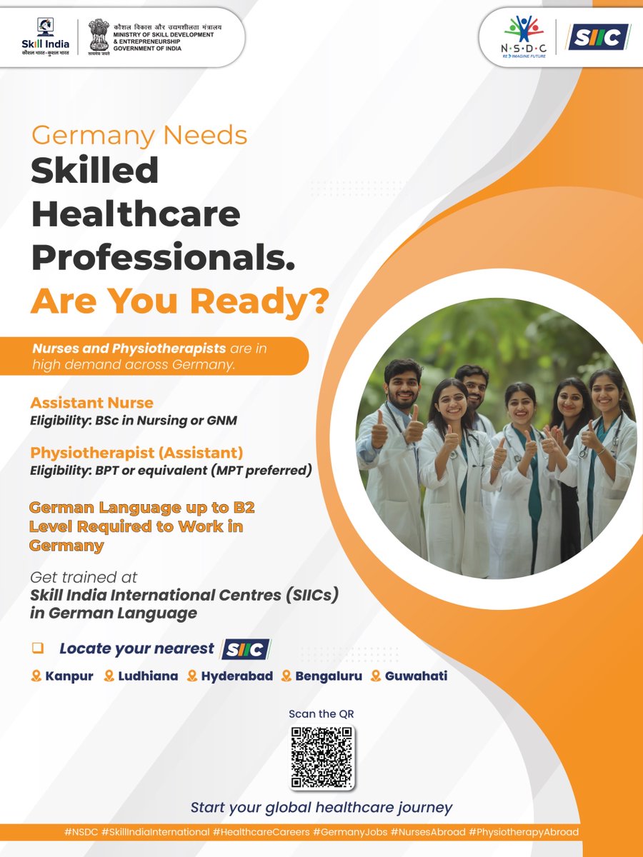 Germany is actively seeking skilled healthcare professionals — and this could be your opportunity to go global.

Nurses and Physiotherapists are in high demand across Germany.

Eligible Qualifications:

🔹 Assistant Nurse – BSc Nursing or GNM
🔹 Physiotherapist (Assistant) – BPT