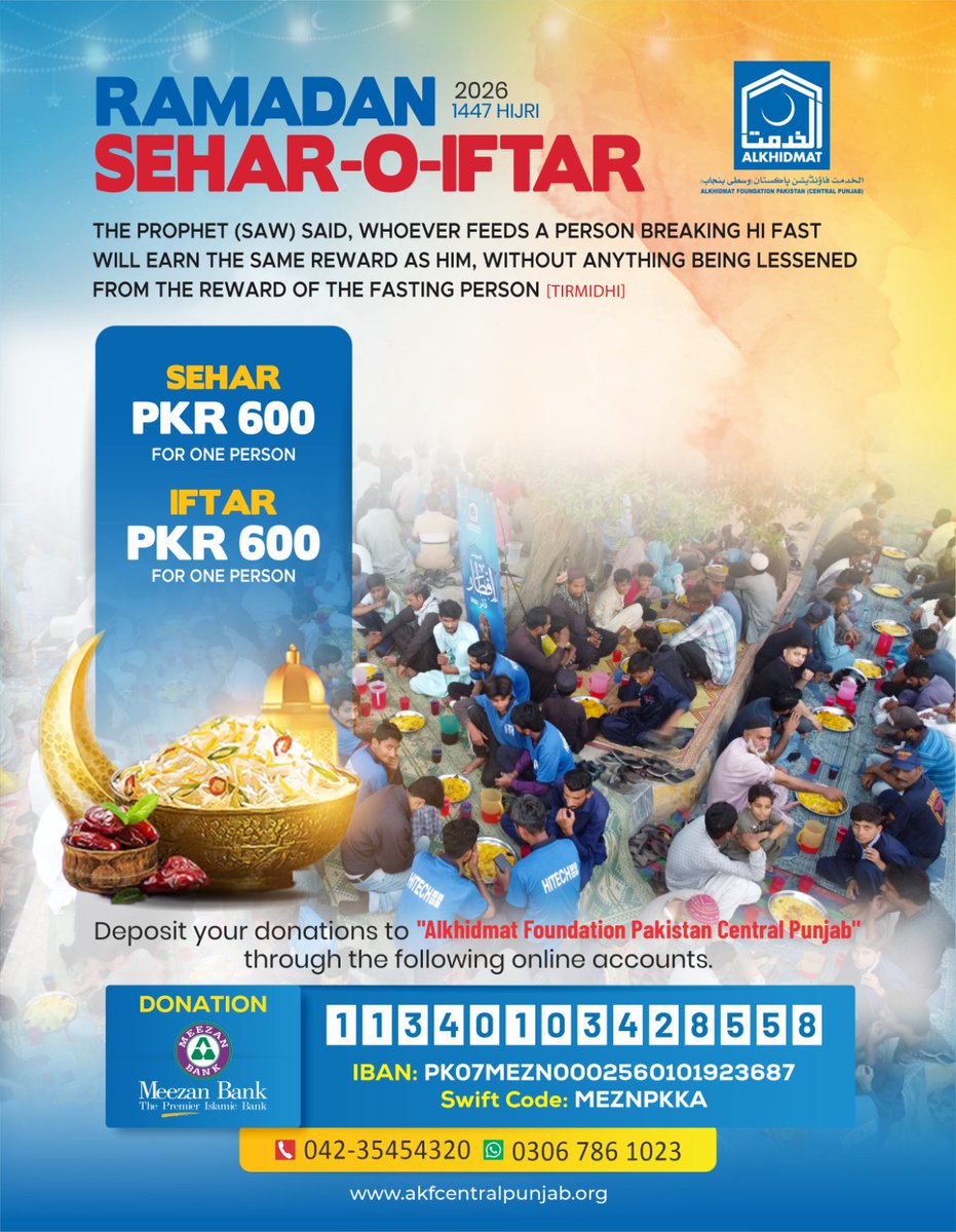 akfcp_official's tweet photo. 𝗥𝗮𝗺𝗮𝗱𝗮𝗻 2026  | Feed a fasting person &amp; earn the same reward as them!

For just PKR 600, provide Sehar or Iftar for someone in need.

𝗗𝗼𝗻𝗮𝘁𝗲 &amp; spread blessings: 
0306 786 1023 | https://t.co/miNuxYSVrg

#Ramadan2026 #SeharIftar #FeedTheFasting #Sadaqah #RamadanKareem https://t.co/6mBBvzd6eZ