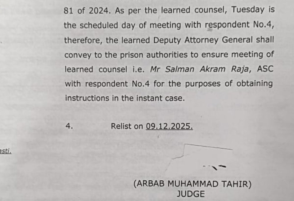 نہایت حیران کُن صورتحال: اسلام آباد ہائیکورٹ کے جسٹس ارباب محمد طاہر نے 4 نومبر کے اپنے آرڈر میں اڈیالہ جیل حکام کو بڑا واضح اور دوٹوک حکم دیا کہ عمران خان سے سلمان اکرم راجہ کی ملاقات یقینی بنائی جائے تاکہ وہ عمران خان کے ایکس اکاؤنٹ پر پابندی کے کیس میں ہدایات لے سکیں، یہ بھی