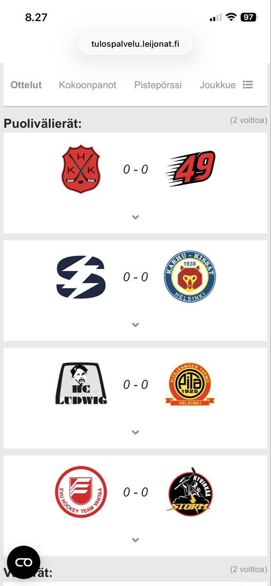 kammoji's tweet photo. Playoffs! Divarin quarter-finaaliparit siinä, pelisysteemi tuttu paras kahdesta. @karhukissat aloittaa jo tänä iltana Kaarelassa vs. HCK Salamat, ratkaisupeli(t) lauantaina Kirkkonummella. Kiekko tippuu klo 21:10, go @karhukissat 😀💪🏒🥅! #IceHockey #Helsinki #Finland https://t.co/wzhbe5LALW