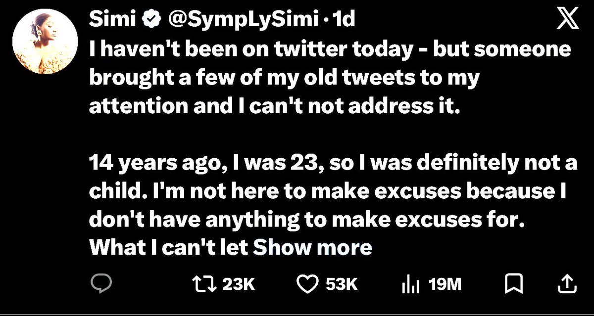 19 MILLION VIEWS.
In just 24 hours.

Since Simi joined X, this is the FIRST time she’s ever hit numbers like this in a single day 😳

And guess what?
It wasn’t even good news.

It really makes you stop and think.
Why does the world move faster for bad news?