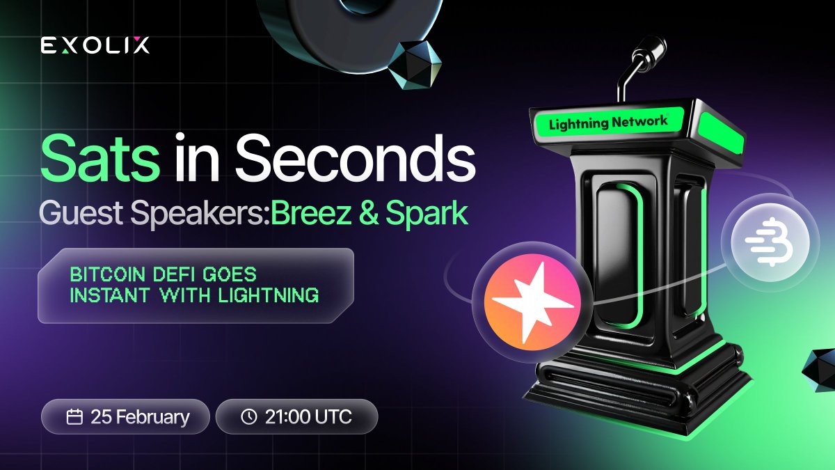 Tune in for our X Spaces tomorrow as we present to you 
"Sats in seconds: Bitcoin DeFi goes instant with Lightning"

🎁Don't forget to join a dedicated 50 $USDC giveaway zealy.io/cw/exolix/ques…

🗓️Wednesday, February 25
🕘 9 PM UTC
🎙️x.com/i/spaces/1PKqr… 👉🔔

We are going to