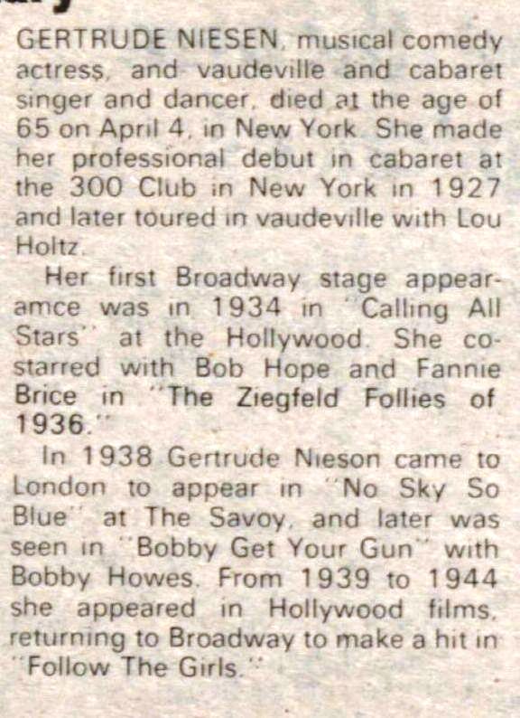 Angus McBean captures  American singer/ dancer/ actress Gertrude Niesen in "Bobby  Get Your Gun" , London, 1938  

...pleased to have added another McBean of Niesen after a  strange nocturnal  Virgil  a few nights ago....

<a href="/WilliamPCross/">Will Cross, Author</a>