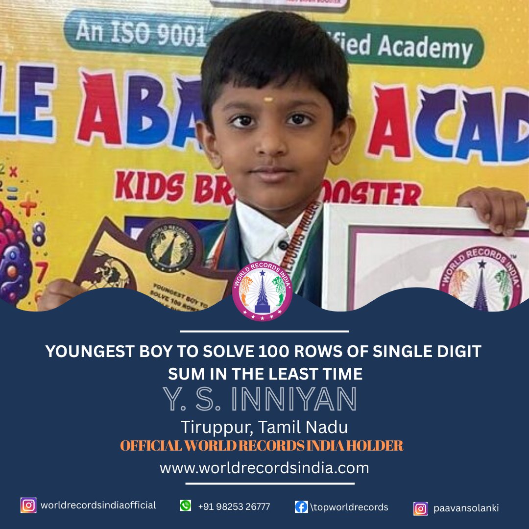 Y. S. Inniyan from Tiruppur, Tamil Nadu, a student of Apple Abacus Academy, solved 100 rows of single-digit addition &amp; subtraction using the abacus method in just 2 minutes 40 seconds. #Y.S.Inniyan #WorldRecordsIndia #YoungArtist #WorldRecord #ChildProdigy