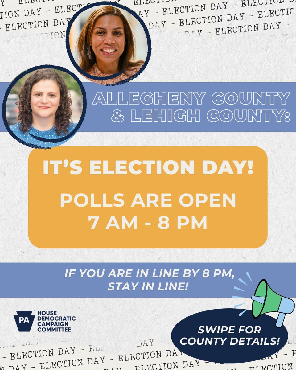 PAHDCC's tweet photo. 🗳️ IT’S SPECIAL ELECTION DAY! 🗳️ Voters in #AlleghenyCounty and #LehighCounty will decide the fate of our majority today – so if you’re a voter in one of these districts, get to the polls before 8 PM today! It's time to elect @jenforpa and Ana Tiburcio! https://t.co/il7K7752cq