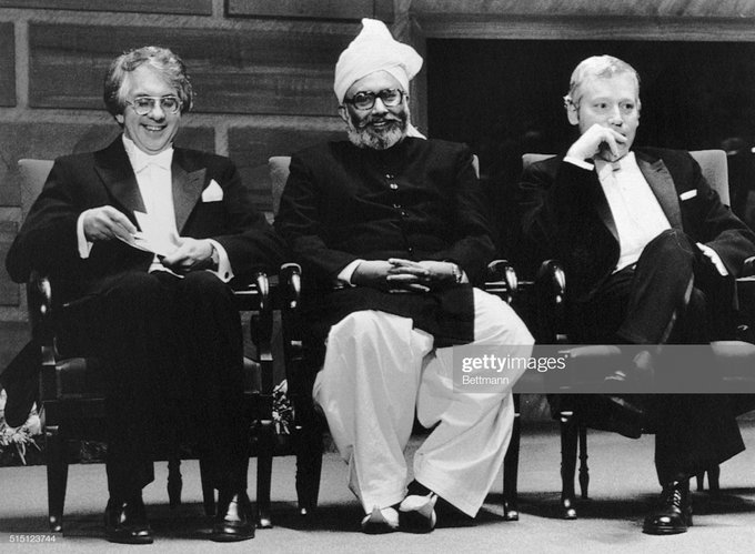 phalpern's tweet photo. Brilliant co-creators of the electroweak unification theory, a critical component of the Standard Model of particle physics: 

Left to right: Sheldon Lee Glashow, USA, Abdus Salam, Pakistan, and Steven Weinberg, USA, before receiving the 1979 Nobel Prize for Physics in Stockholm. https://t.co/dDJYRub8rd