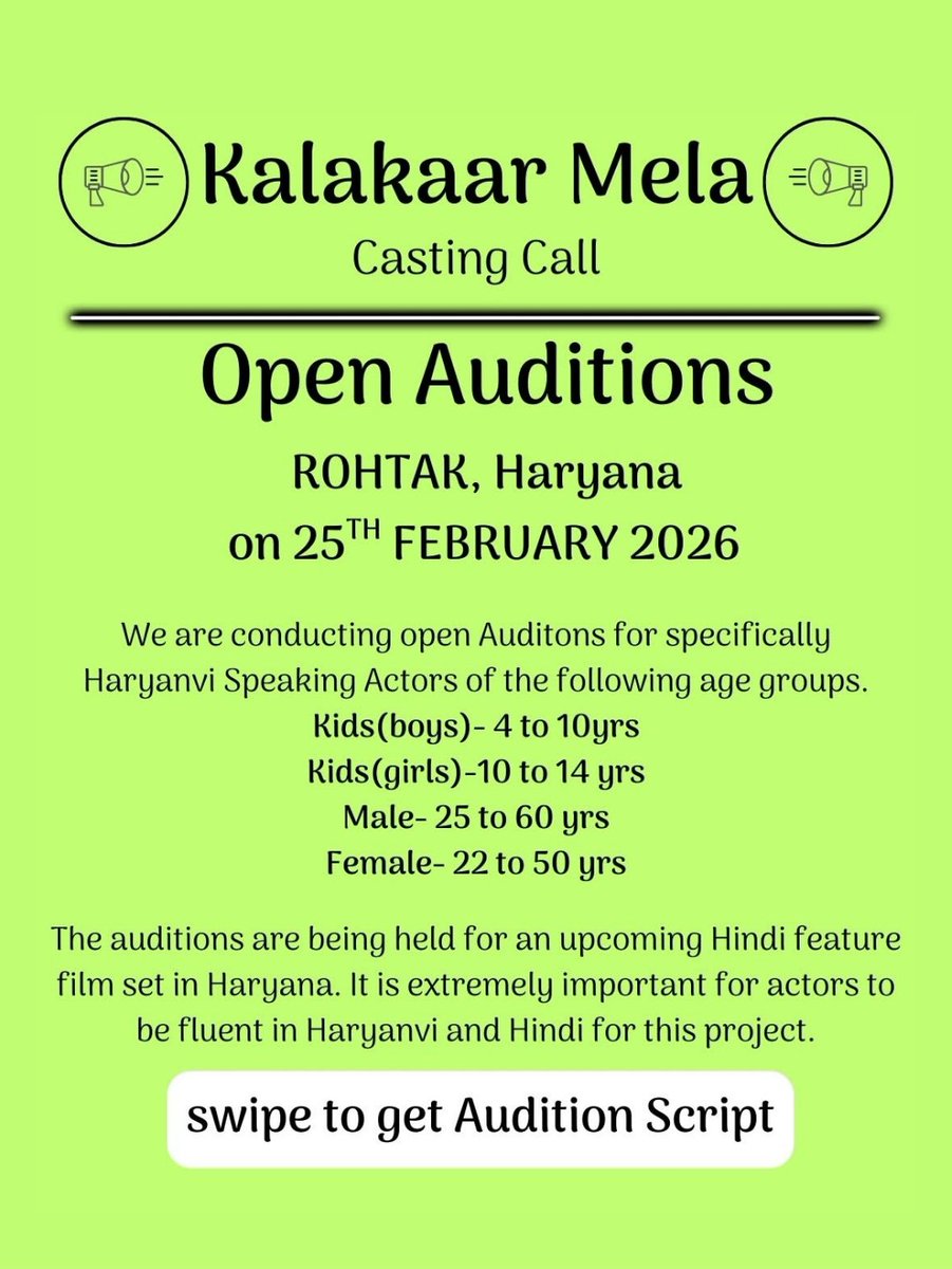 BollyAuditions's tweet photo. OPEN AUDITIONS ROHTAK, Haryana on 25TH FEBRUARY 2026

Open Auditons for specifically Haryanvi Speaking Actors of the following age groups.

Kids (boys): 4 to 10 yrs
Kids (girls): 10 to 14 yrs
Male: 25 to 60 yrs
Female: 22 to 50 yrs https://t.co/ntr4Vefb82