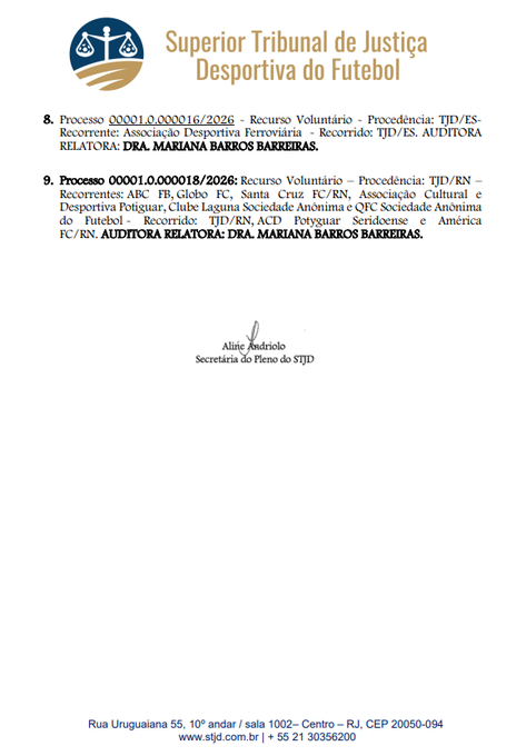 O recurso interposto pela Procuradoria do TJD-RN e por ABC, Globo, Santa Cruz de Natal, Laguna, Potiguar de Mossoro e QFC contra a decisão do Pleno do TJD-RN será analisado nesta quinta-feira (26), às 10h, pelo Pleno do Superior Tribunal de Justiça Desportiva. #Futebol