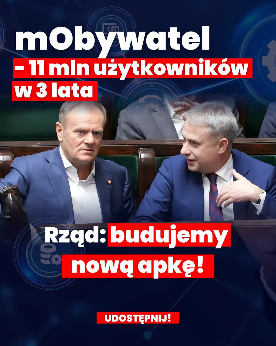 🔔 11 milionów Polaków zaufało mObywatelowi. To jeden z największych sukcesów cyfryzacji ostatnich lat. 🟥 I co robi rząd? Zamiast rozwijać, woli budować od zera.
‼️ To nie jest postęp. To cofanie państwa o rok.
📢 Podaj dalej.