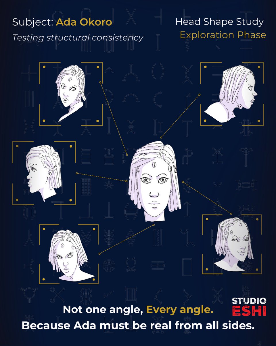 StudioEshi's tweet photo. Ada’s head design went through multiple structural passes before we approved it.
Proportion. Profile. Forehead height. Jaw weight. Eye tilt.
Tested front, ¾, and side.
Oblong, not oval.
Strong jaw, no aggression.
Eyes angled for observation, not threat.
Structure first. #DODT https://t.co/AwsZkIfKNN