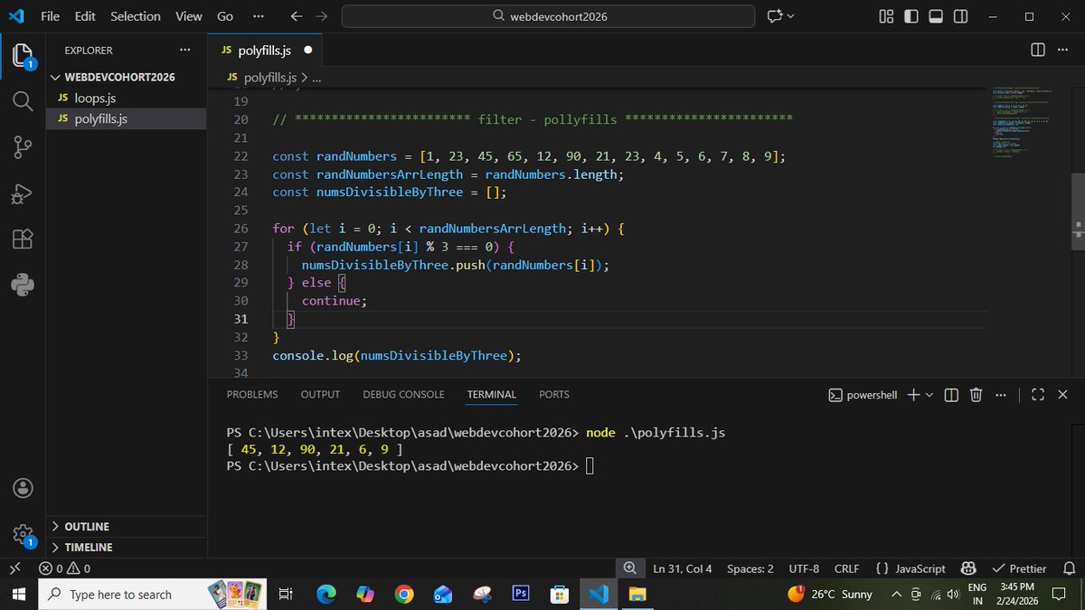 _mohammad_asad_'s tweet photo. Polyfills Assignment ✅ @nirudhuuu
Built my own:
forEach • map • filter • reduce
First class memory:
"Sir aapne map, filter nahi karaye"
Now we’re building them from scratch — real JS learning 💪
Thanks to @Hiteshdotcom, @piyushgarg_dev & @yntpdotme 🙌
#JavaScript #Polyfills https://t.co/8pfg1TvXKH