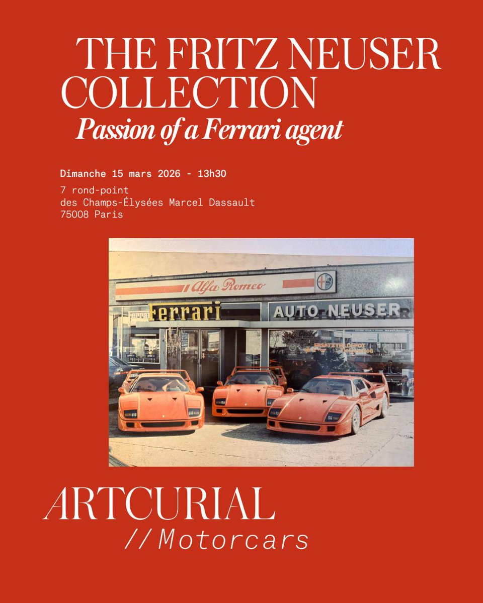 Artcurial's tweet photo. The Fritz Neuser Collection. Passion of a Ferrari agent 🏁

Our upcoming Artcurial Motorcars auction brings together:

🔥330 lots at no reserve, including 30 classic cars alongside 300 automobilia items.

🔗 Know more: https://t.co/4A7QWt5ftP https://t.co/rixbT2bIf2