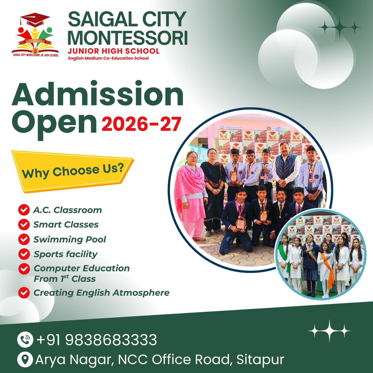SaigalJr's tweet photo. Saigal City Montessori Junior High School
English Medium Co-Education School Admission Open 2026–27 Sitapur #SaigalCityMontessori #JuniorHighSchool #SitapurSchool #AdmissionOpen #Session2026_27 #EnglishMedium #SmartClasses #ACClassroom #SwimmingPool #SportsFacility #Computer https://t.co/jeirRfAF6B