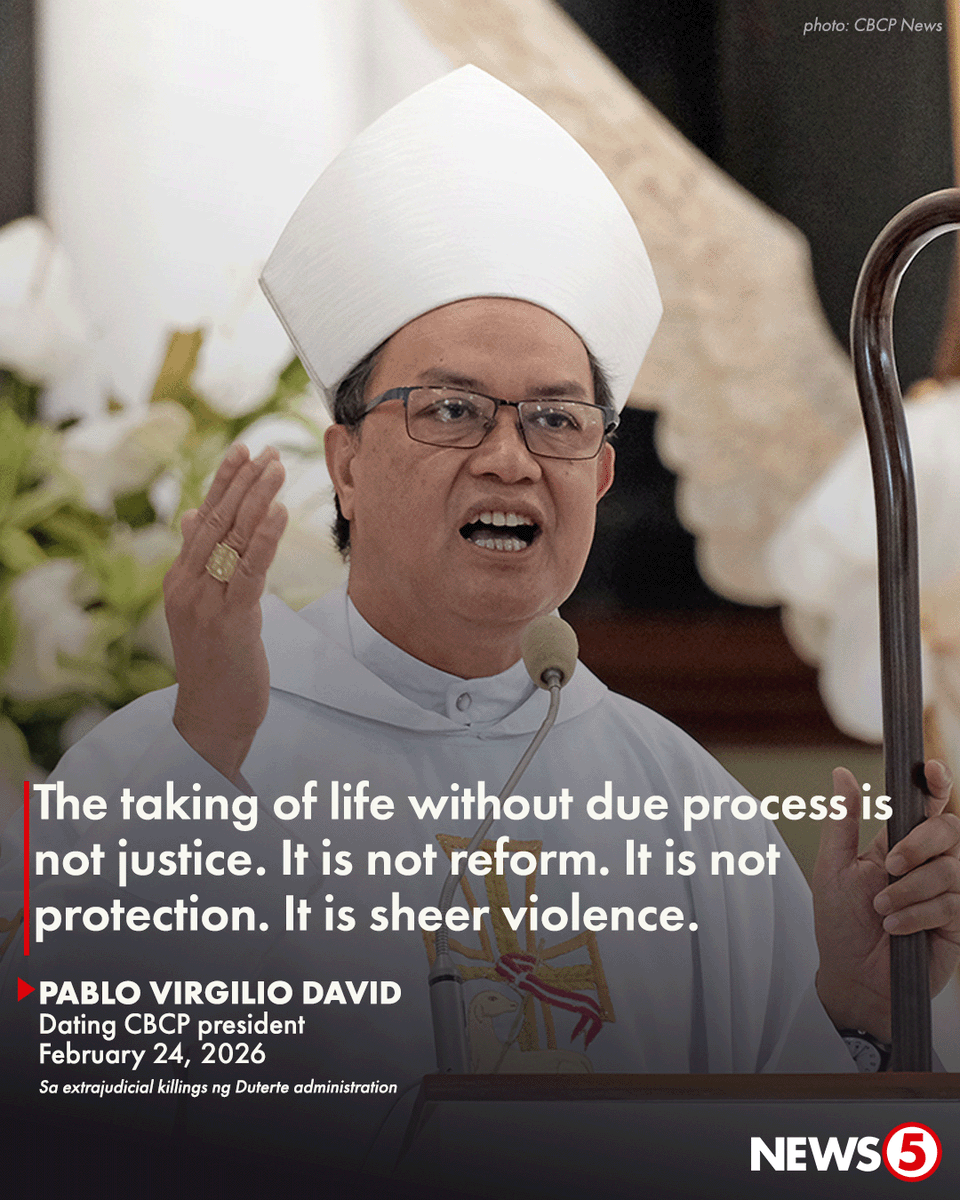 ‘THESE KILLINGS WERE NOT ONLY IMMORAL; THEY WERE ILLEGAL, ANTI-POOR’

Ito ang pahayag ni dating Catholic Bishops' Conference of the Philippines (CBCP) president Pablo Virgilio David tungkol sa extrajudicial killings (EJK) sa bansa noong panahon ng administrasyon ni dating