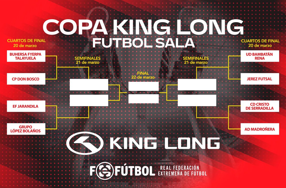 Ya tenemos cuadro para la fase final de la #CopaKingLong. Nos enfrentaremos al CP Don Bosco el 20 de marzo en los cuartos de final. 👊
​¡Necesitamos vuestro aliento para llegar a lo más alto! ¿Nos acompañáis? 🤍🖤
​#FútbolSala #Talayuela #Fexfutbol
