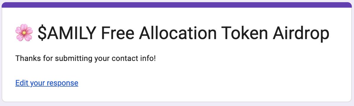 $AMILY Free Allocation Token Airdrop

Fill out this form for $AMILY airdrop
Form →

Fill here; forms.gle/aqWywcw4BiEpQy…

Just few hours left.
Hurry!