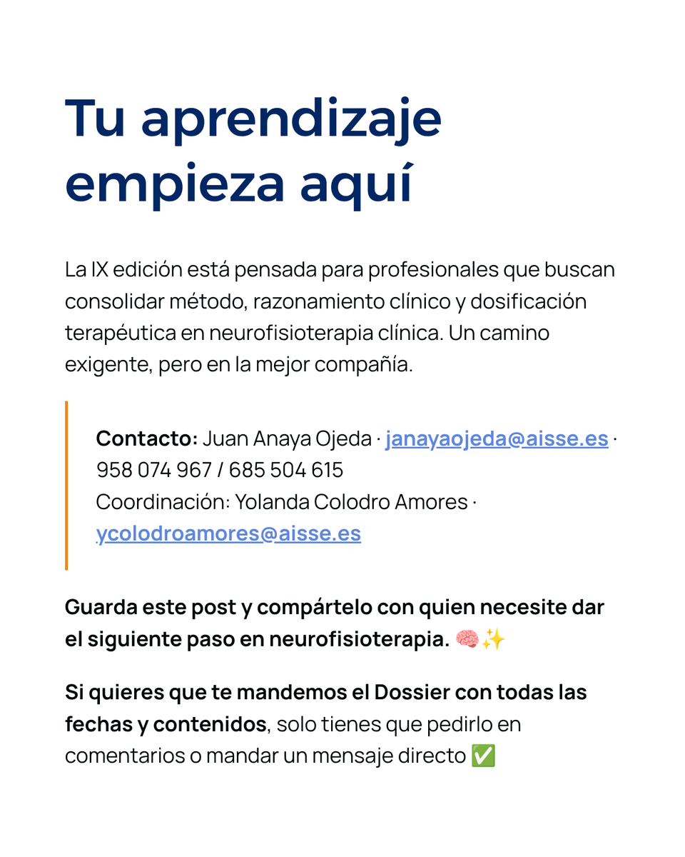 Abierta la reserva de plaza · IX edición (2026–2028, online)
Máster de Formación Permanente en #Neurofisioterapia (UPO) + <a href="/fundaisse/">Fundación AISSE</a> .
120 ECTS | 3 oct 2026–23 jul 2028 | plazas limitadas | reserva 500 € (se descuenta de matricula total).
aisse.es/i
#fisioterapia