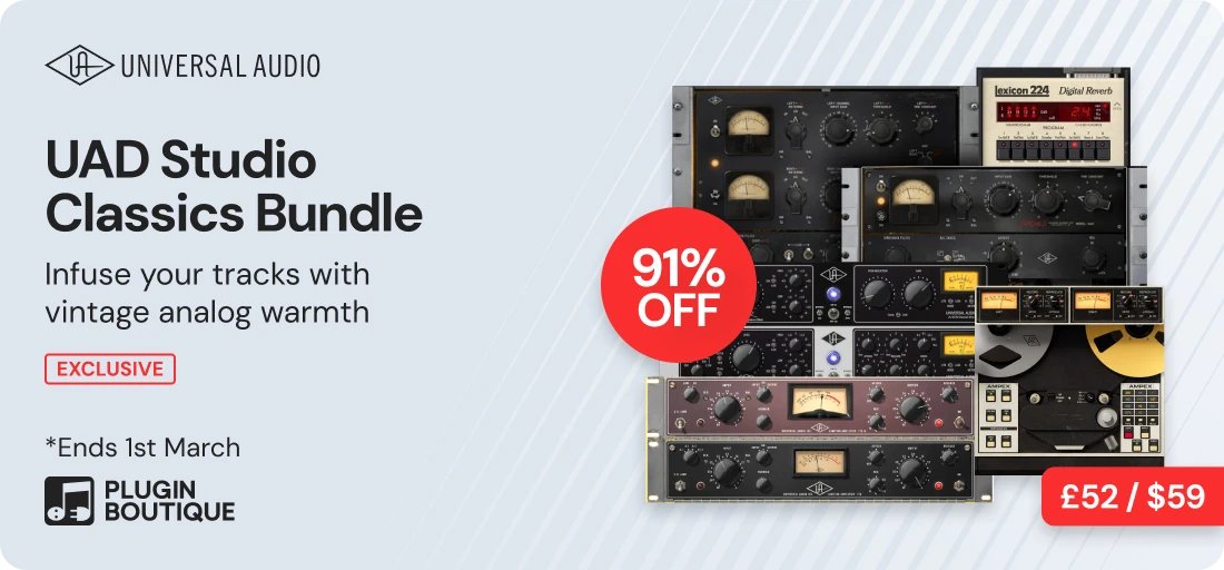 【Universal Audio UAD Studio Classics Bundle x Plugin Boutique 14th Anniversary Sale】
세일 기간: 3월 1일까지
할인율: 90% 할인
🎚️ UAD Studio Classics Bundle: 명기 아날로그 사운드를 DAW에 완벽 재현. UAD Studio Classics Bundle은 역사적인 스튜디오 하드웨어의 개성과 따뜻함을 충실히