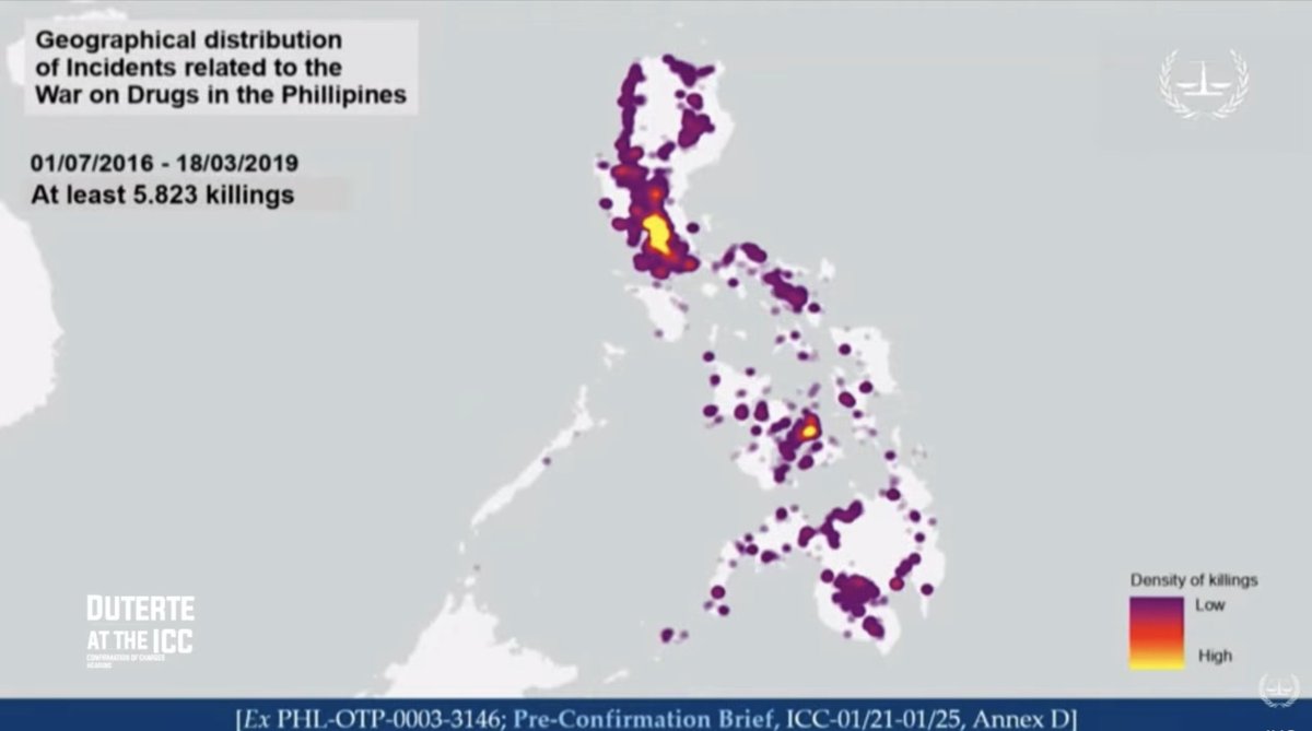 inquirerdotnet's tweet photo. 5,823 INCIDENTS

LOOK: The International Criminal Court (ICC) prosecution team presents a graph showing the geographical distribution of killings linked to the Philippines’ war on drugs, with at least 5,823 cases recorded from January 7, 2016 to March 18, 2019. | 📷: ICC

•⁠  ⁠Follow our live updates here: https://t.co/2dshyuKS1X

•⁠  ⁠Watch our special coverage here: https://t.co/oCaCjwN0H8