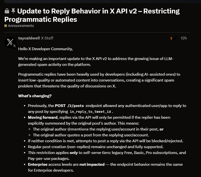 Cointelegraph's tweet photo. 🚨 LATEST: Bot replies are now restricted on X. API users can now only reply if they’re @ mentioned or quoted by the original author. https://t.co/ASVIG0yBrQ