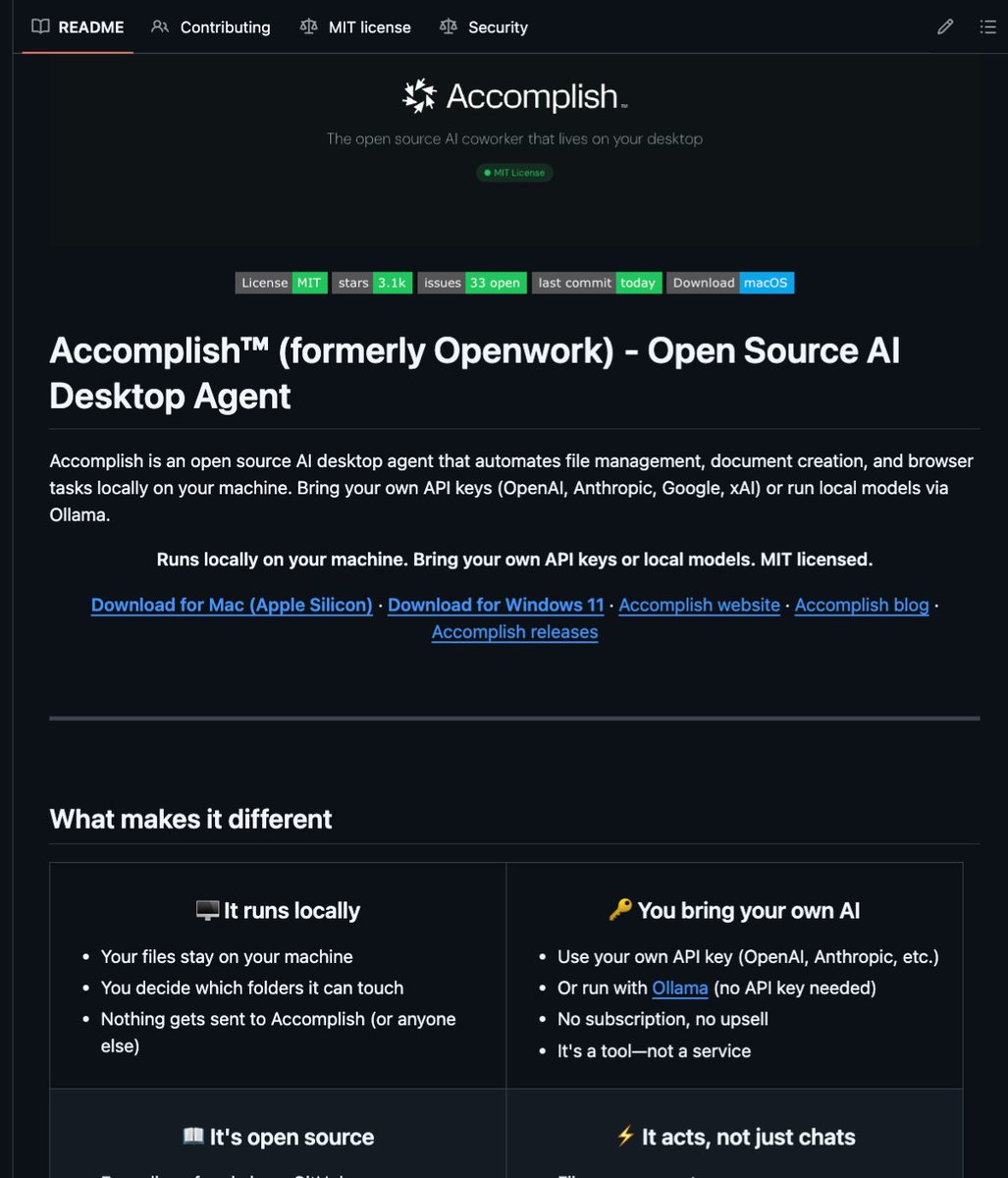 BREAKING: An anonymous dev on GitHub just built an AI that codes and browses the web at the same time.

It's called Accomplish and it runs locally without burning through API credits.

No Claude Desktop. No Cursor. No monthly subscriptions.

100% Opensource.