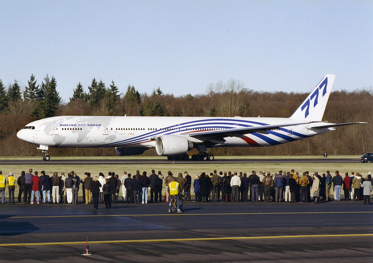Today in 2003, the Boeing 777-300ER completed its maiden flight, departing at 10:00 a.m. local time and landing at Boeing Field in Seattle at 13:02. During the three-hour test, it climbed to 15,000 feet and reached Mach 0.50, launching its 1,600-hour certification program.